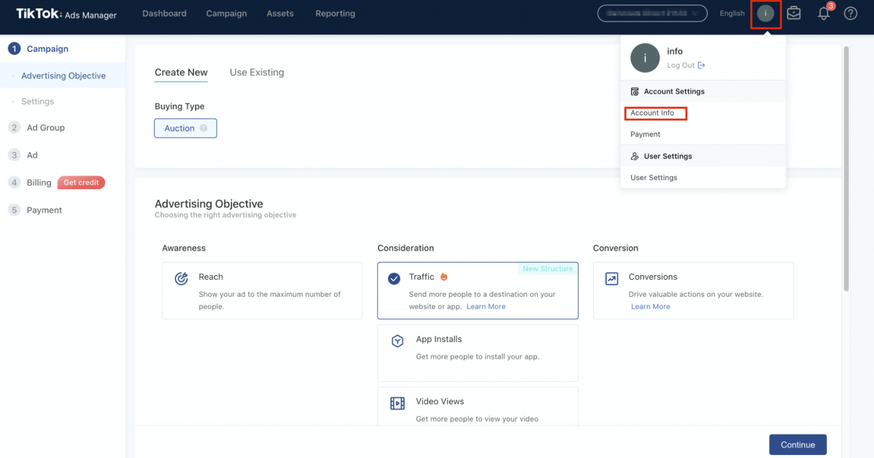 TikTok advertising account