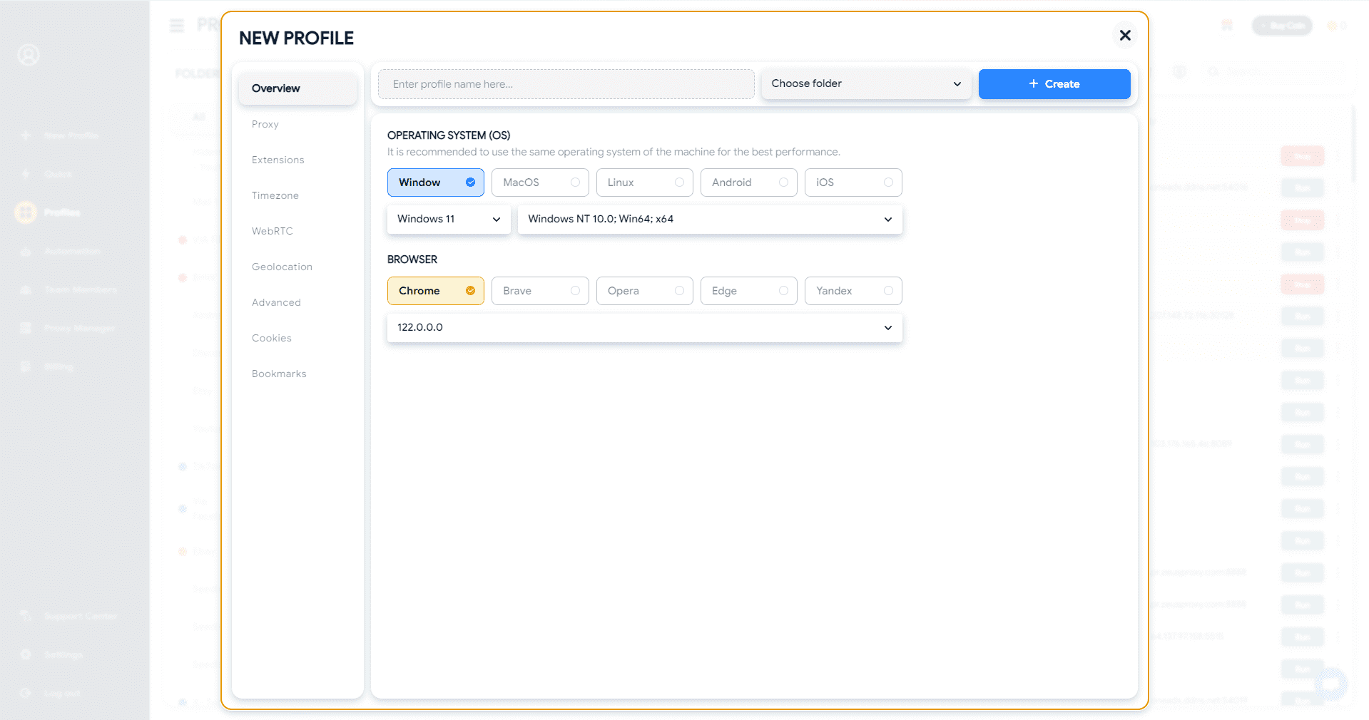 在 Hidemyacc 上创建个人资料