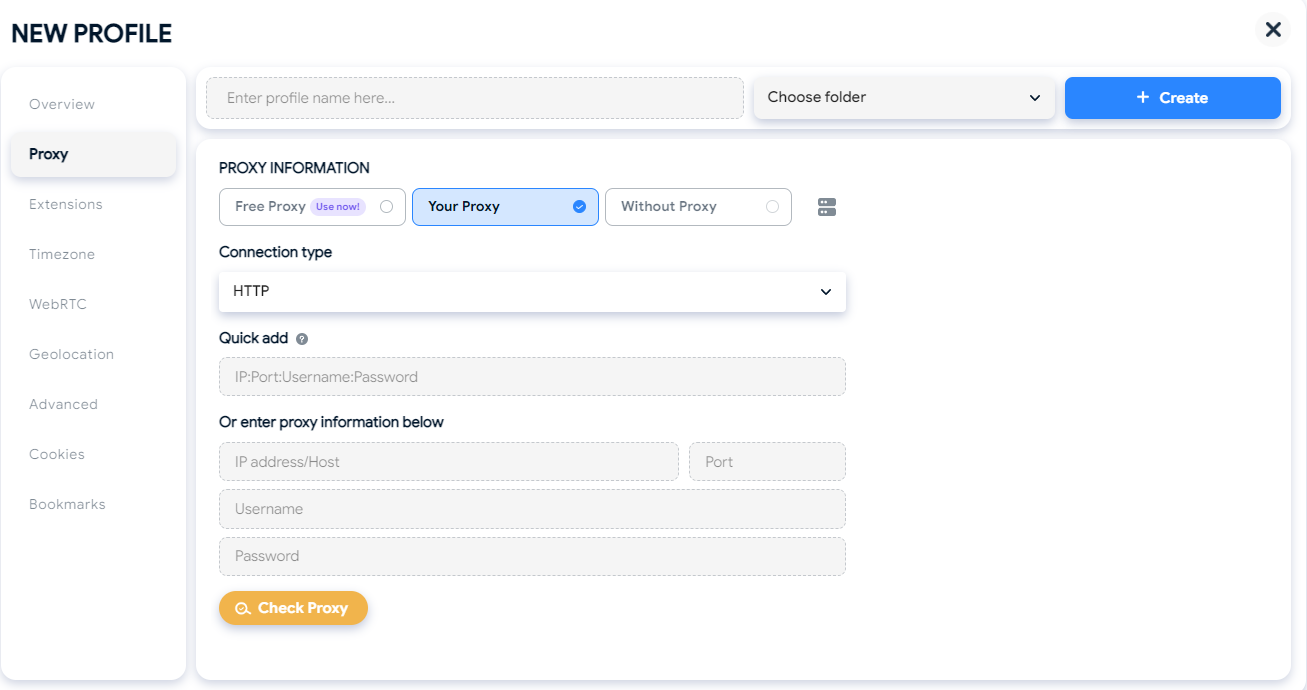 configure the proxy in Hidemyacc profile