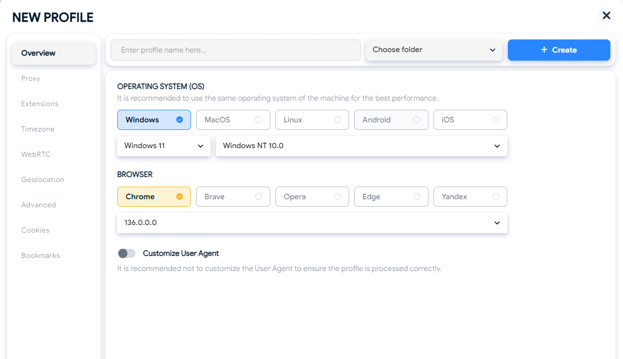 Create profile on Hidemyacc