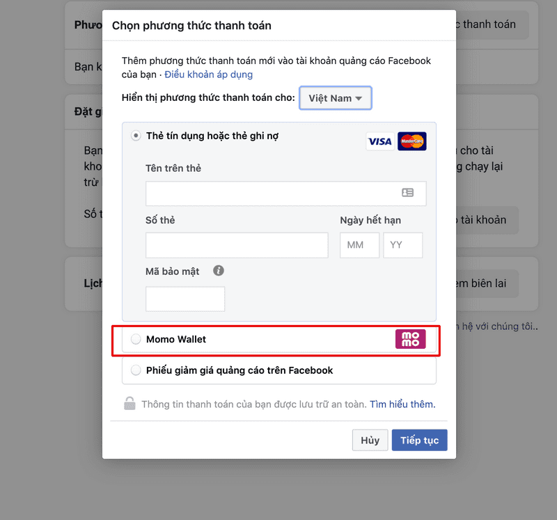 thanh toán quảng cáo facebook bằng momo