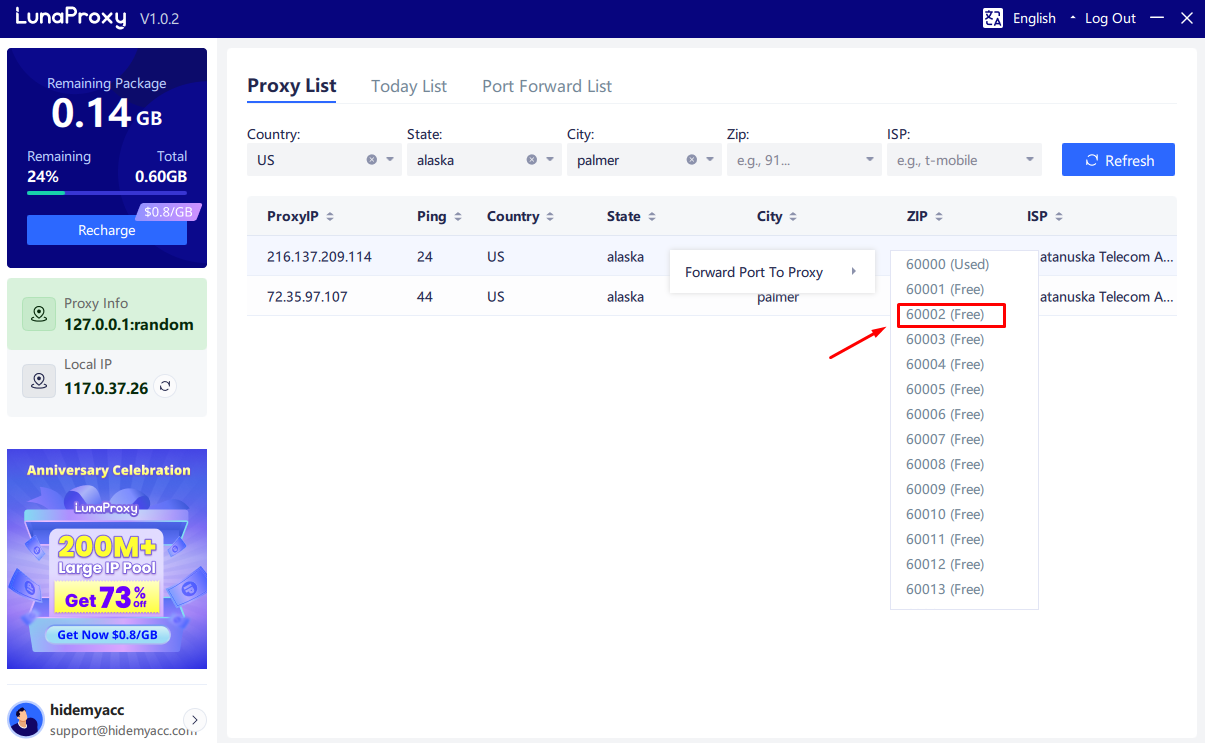 Chọn port proxy