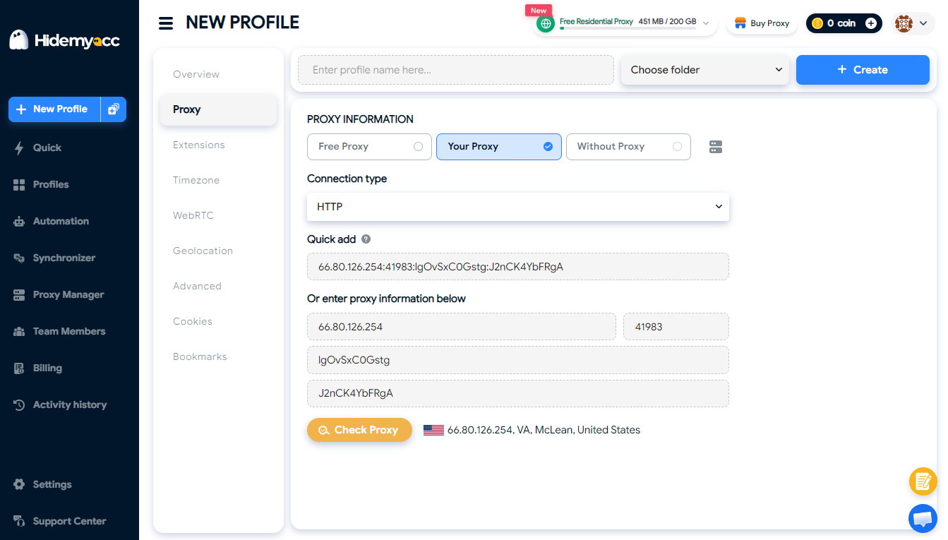 hidemyacc - asignar el proxy al perfil