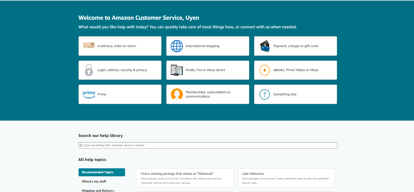 Página de ayuda del servicio de atención al cliente de Amazon