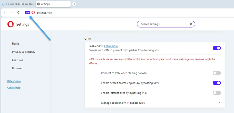 bật vpn trên opera