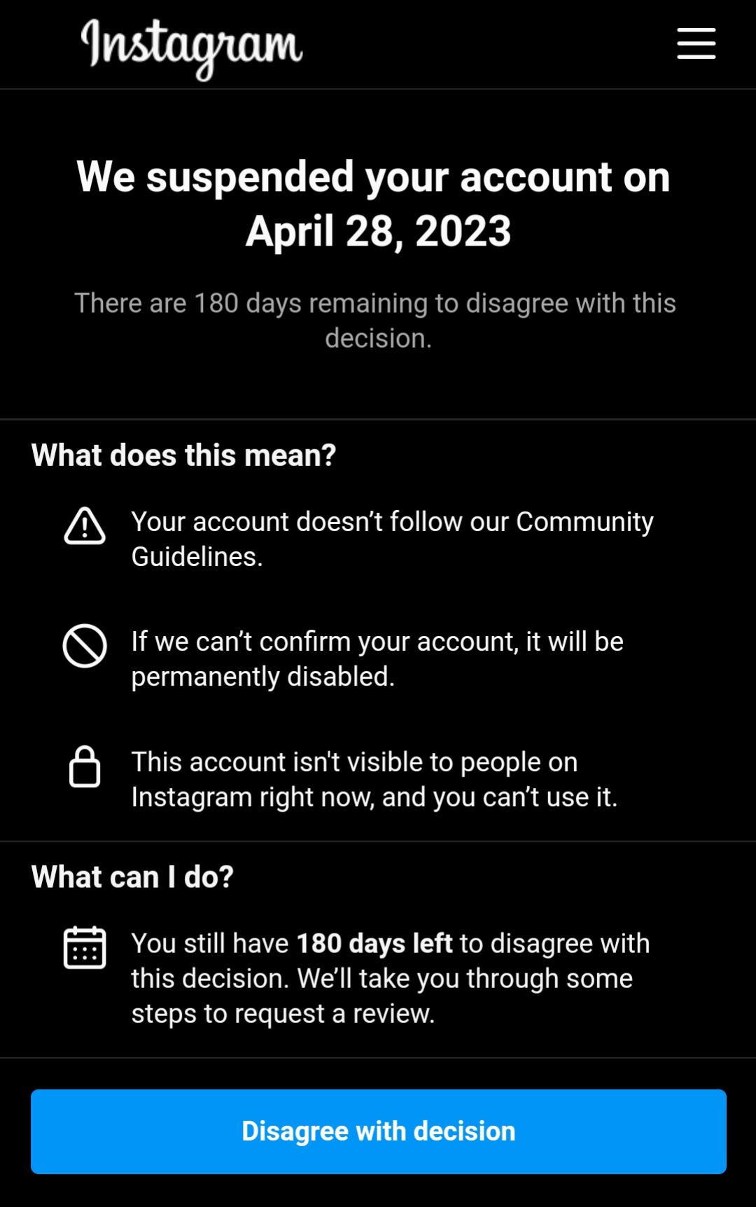 cuenta de Instagram suspendida