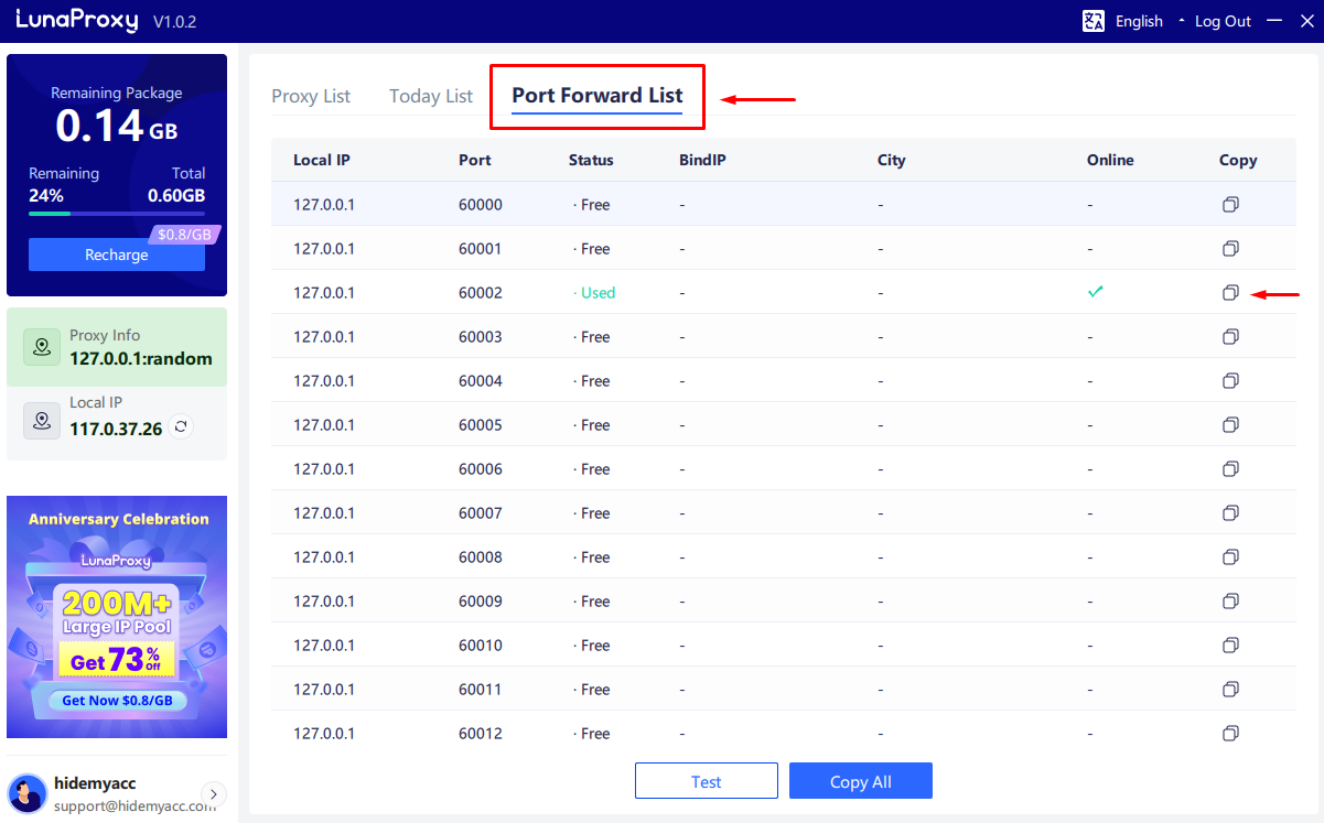 Chọn danh sách chuyển tiếp và sao chép proxy