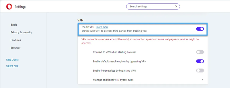 bật vpn trên opera