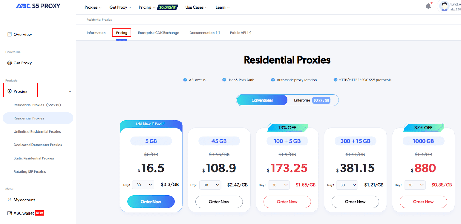 Chọn loại proxy cần mua