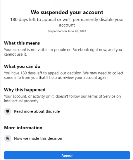 Facebook account disabled for 180 days