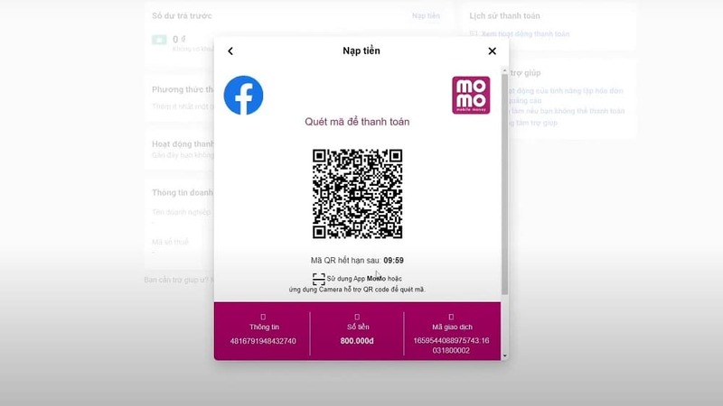 thanh toán quảng cáo facebook bằng momo