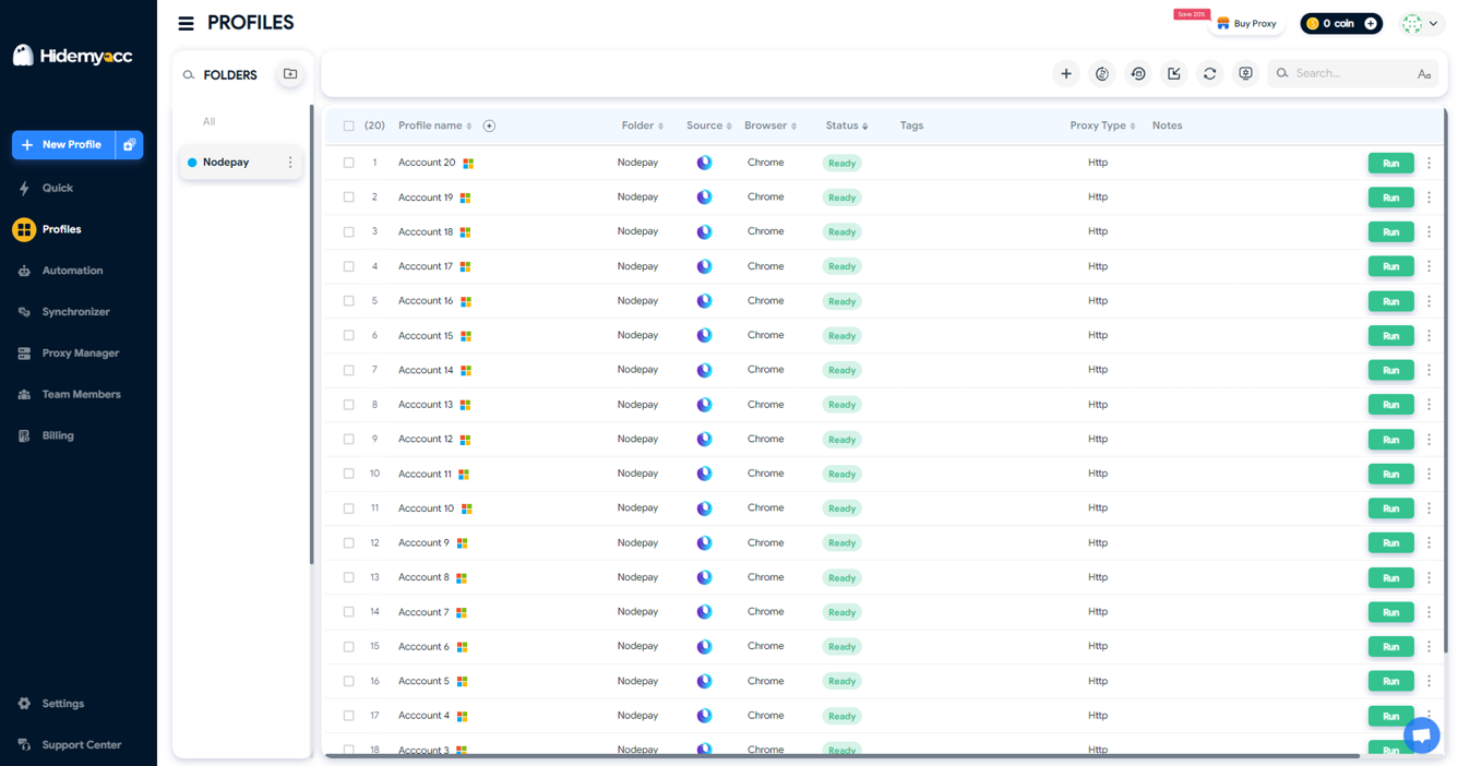 Панель управления Hidemyacc