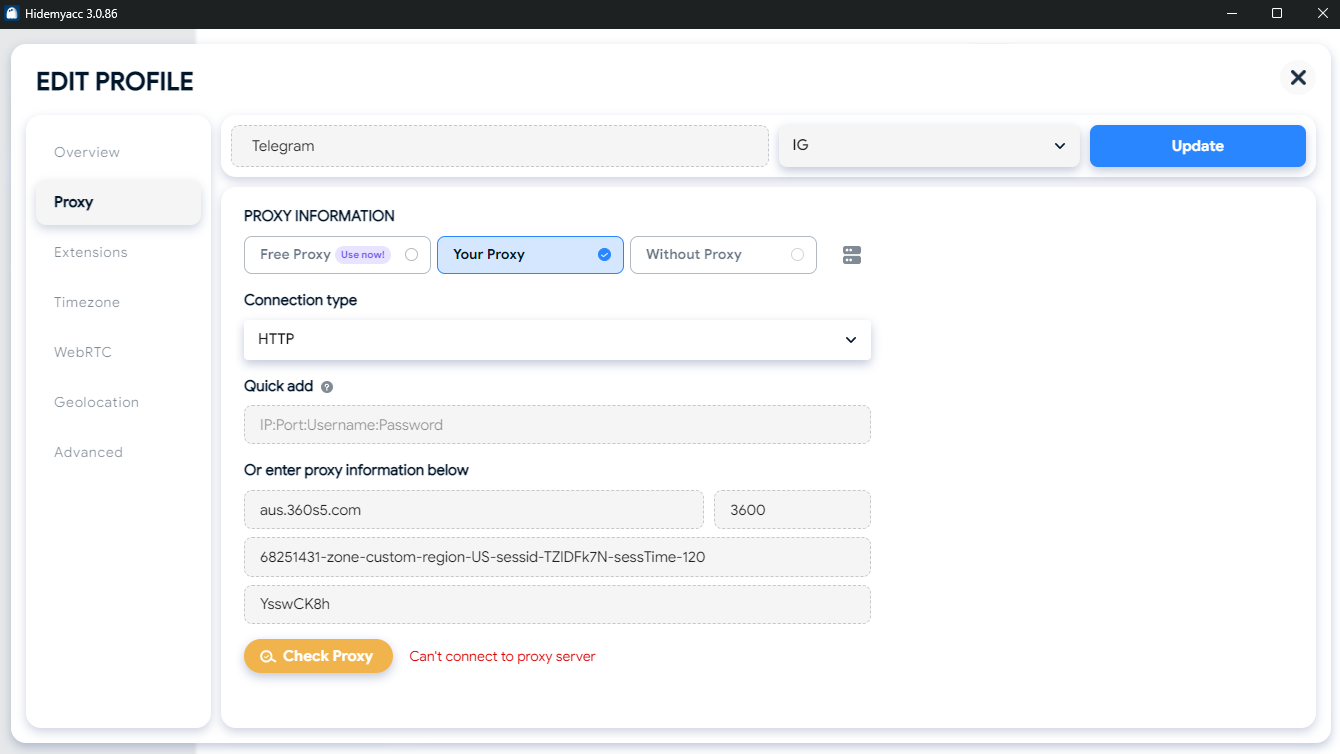 Add proxy on Hidemyacc profile