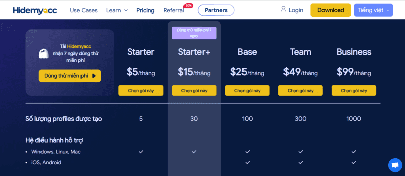Hidemyacc hỗ trợ hệ điều hành iOS và Android từ gói Base trở lên 