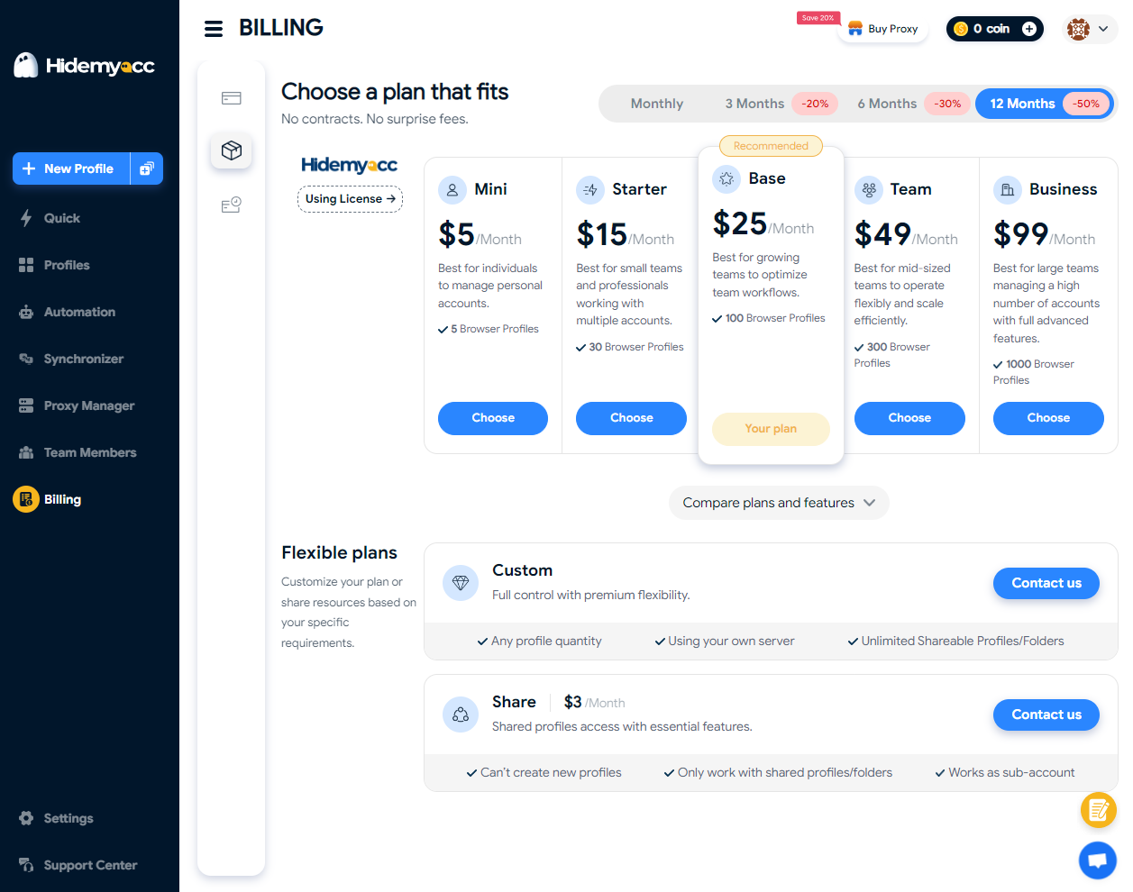 Hidemyacc pricing plan