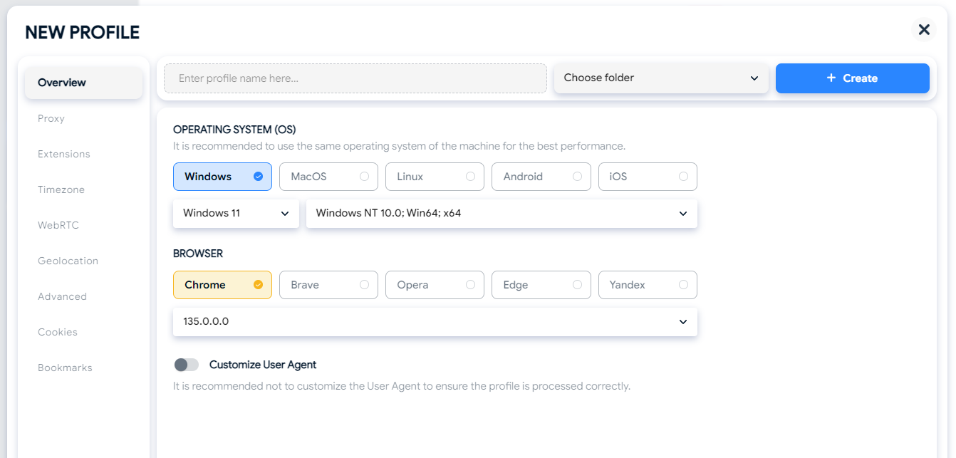Create new profile in Hidemyacc